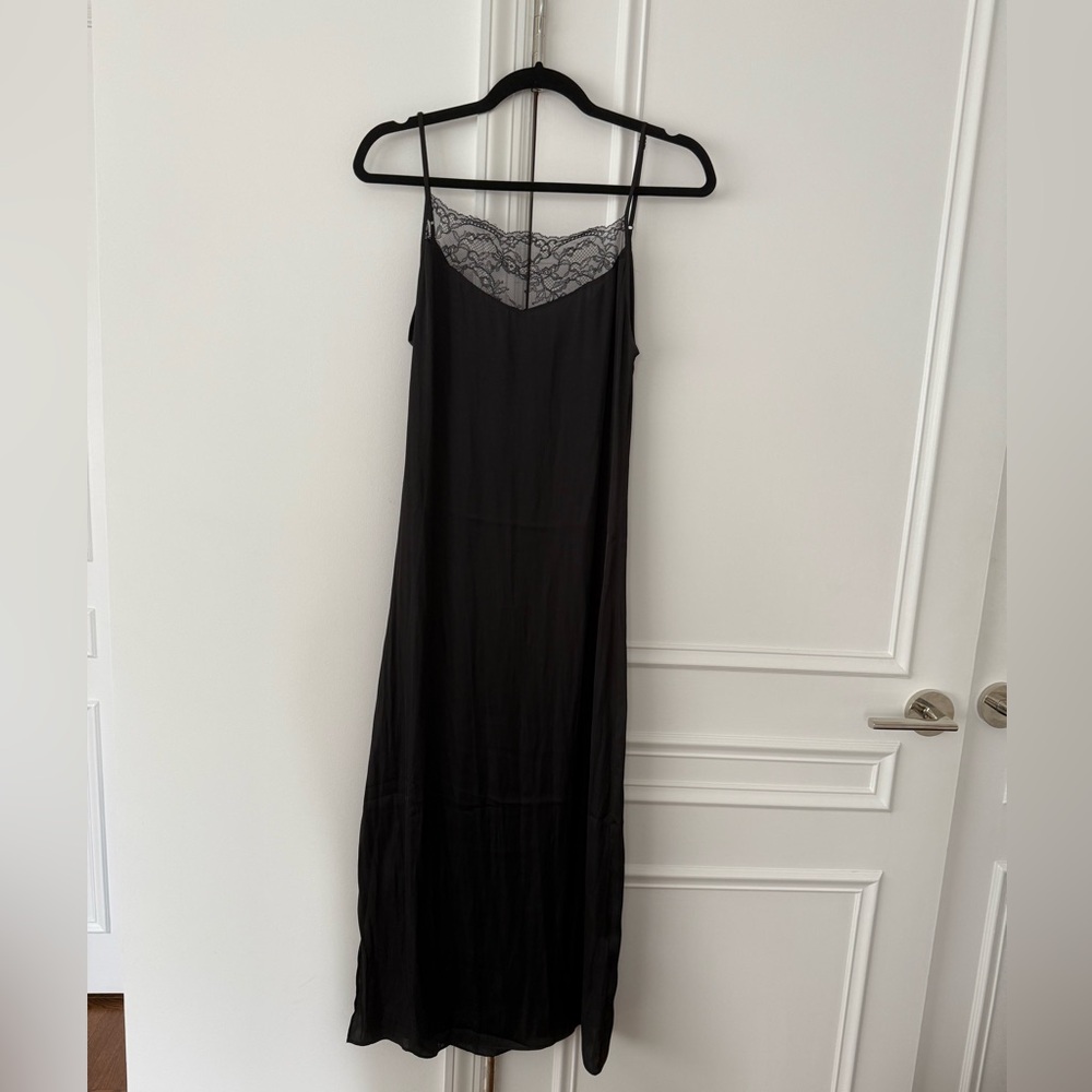 Maje Silky Black Slip Dress with Lace Detail